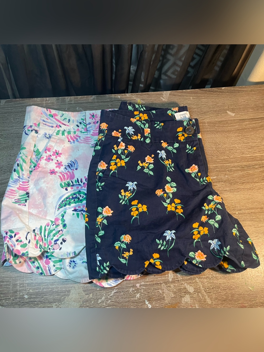 Two Pairs Navy and White/Pink Scallop Hem Floral Crown & Ivy Shorts